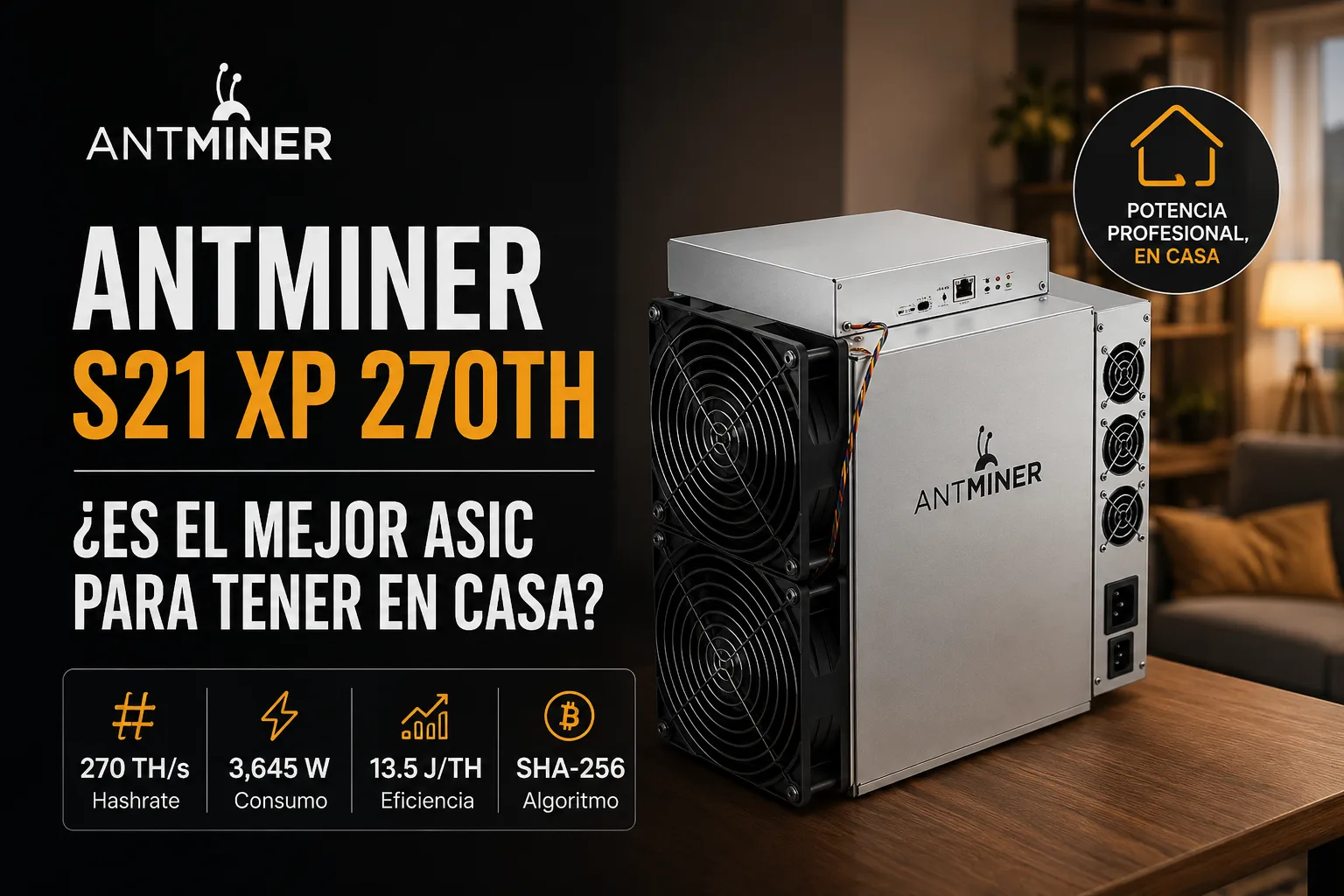 Antminer S21 XP instalado en garaje doméstico para minería casera